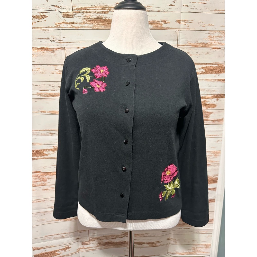 Vintage Passports Cardigan Women’s Black with Embroidered Flowers-Small